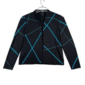 Ming Wang Sweater Knit Open Front Geometric Print‎ Career Office Black Blue S